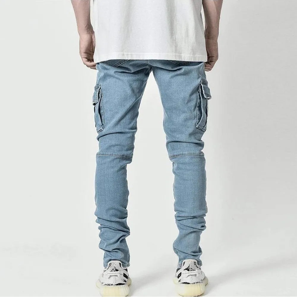 Pantalones vaqueros elásticos de calle para hombre, pantalones cargo de mezclilla lavados, de color sólido, con múltiples bolsillos, pantalones casuales de cintura media, ajustados, para uso diario, para correr