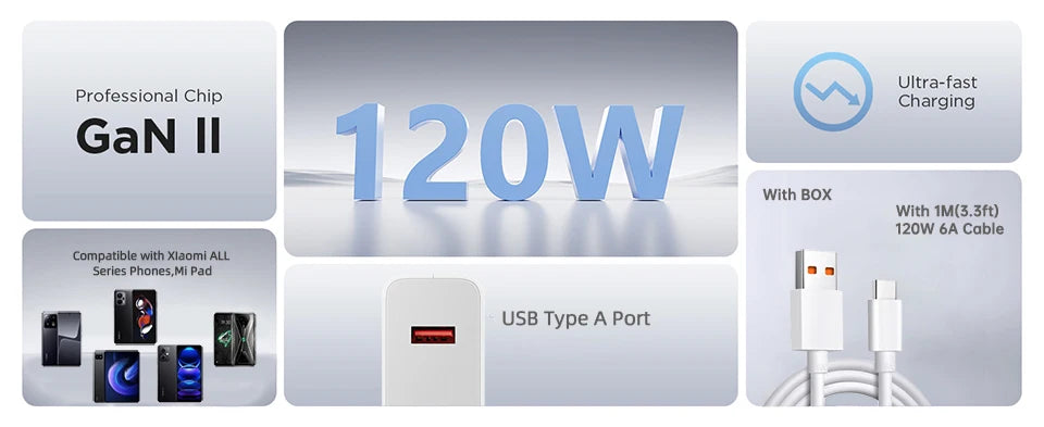 Cargador original Xiaomi de 120 W con conector tipo C y carga rápida GaN. Compatible con Xiaomi Mi 17, 14 Pro, 13t, Poco F7 Ultra, F4 GT y Redmi Note 13 Pro+.