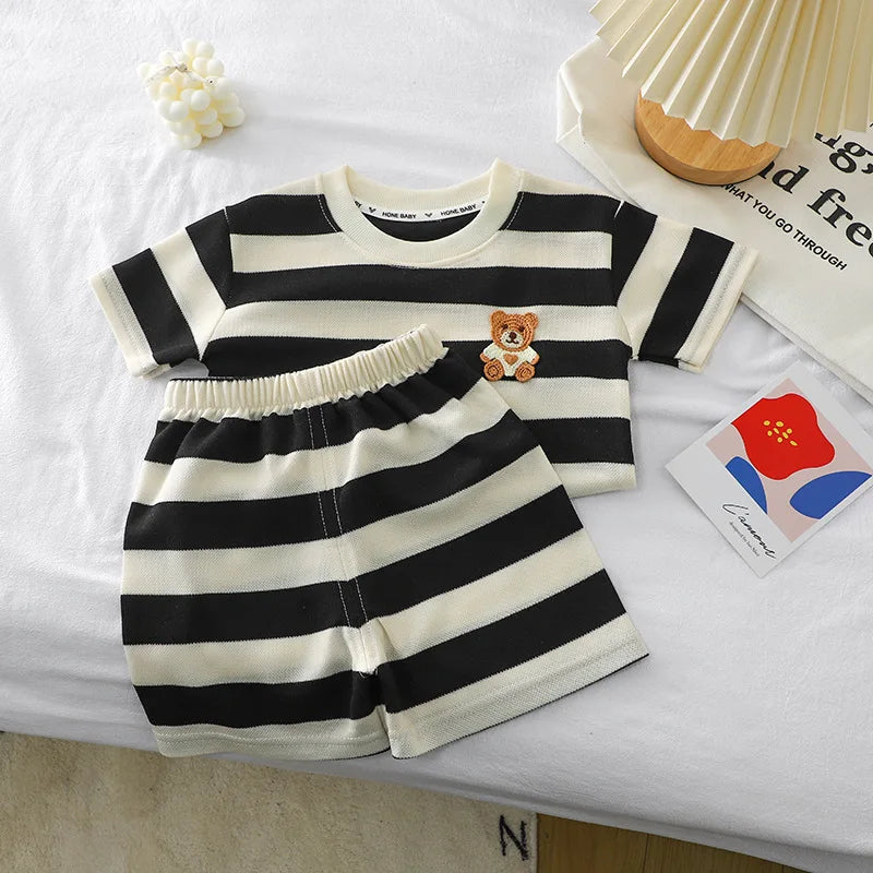Ropa para niños, traje de manga corta, camiseta a rayas y pantalones cortos, camiseta de 2 piezas, ropa de verano para bebés, ropa para niños y niñas