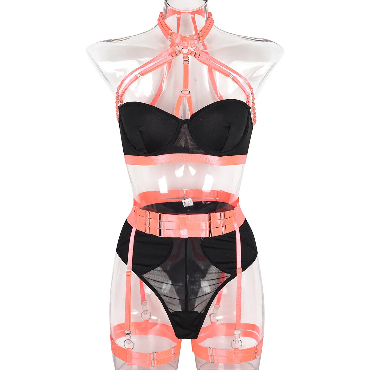 Conjunto de lencería sexy para mujer, con panel de encaje, escote en V profundo, glúteos abiertos, tirantes con forma de corazón de melocotón, cadena cruzada, liguero, ropa interior de tres piezas