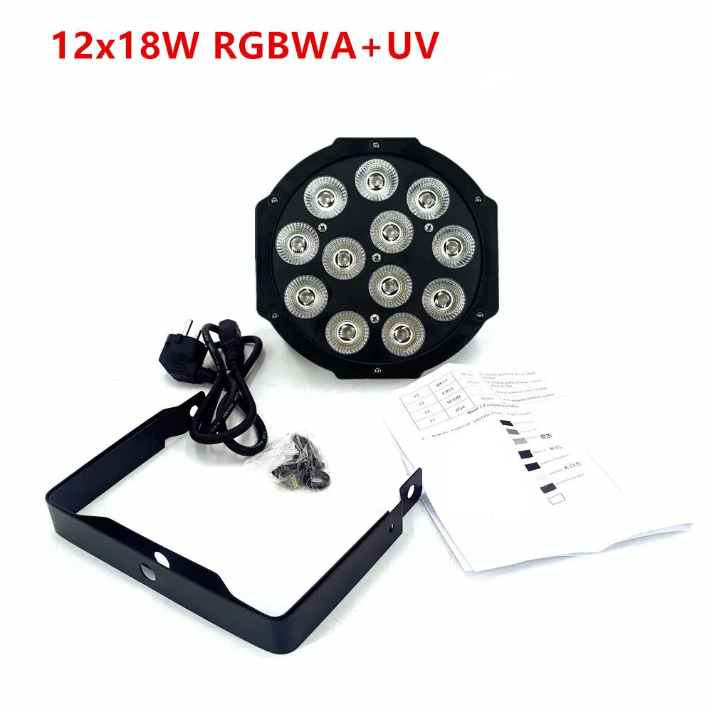 Nueva luz LED Par de 12 x 18 W RGBWAUV con control de DJ, equipo de iluminación de discoteca con 8 canales DMX 512, iluminación de escenario LED