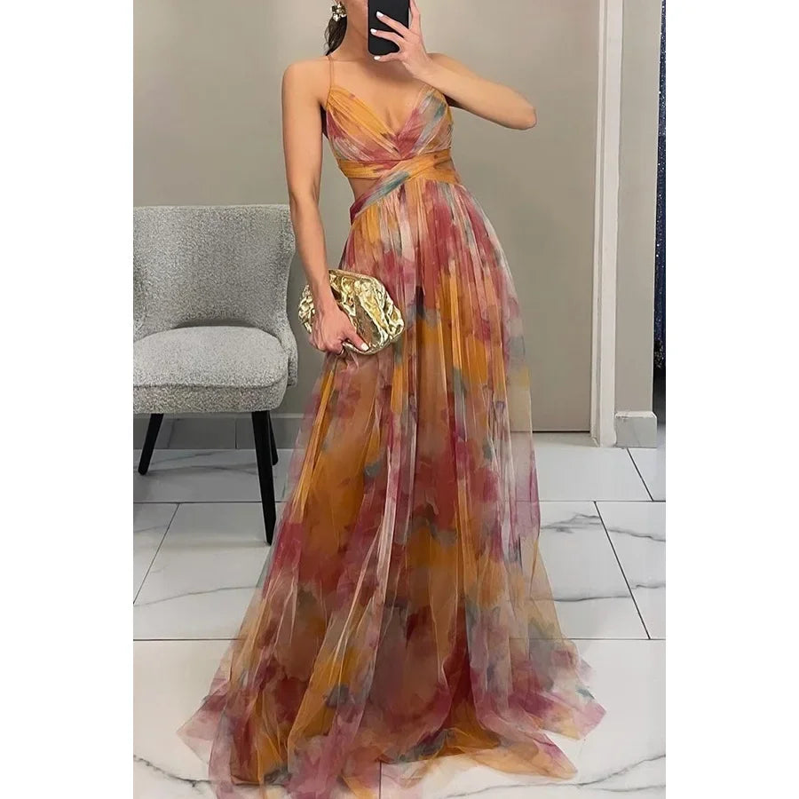 Sexy Hollow Out Party Dress, Women Summer Loungewear Fashion Printing Maxi Dress, Sleeveless Lace-Up Ladies Dress Vestido