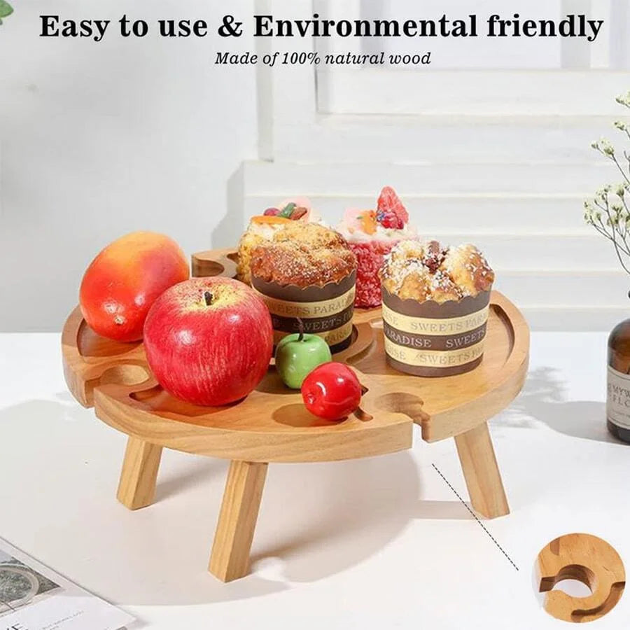 Mesa de picnic plegable de madera para exteriores con soporte para copas, 2 en 1, redonda, para escritorio y copas de vino, mesa plegable para fiestas en el jardín.