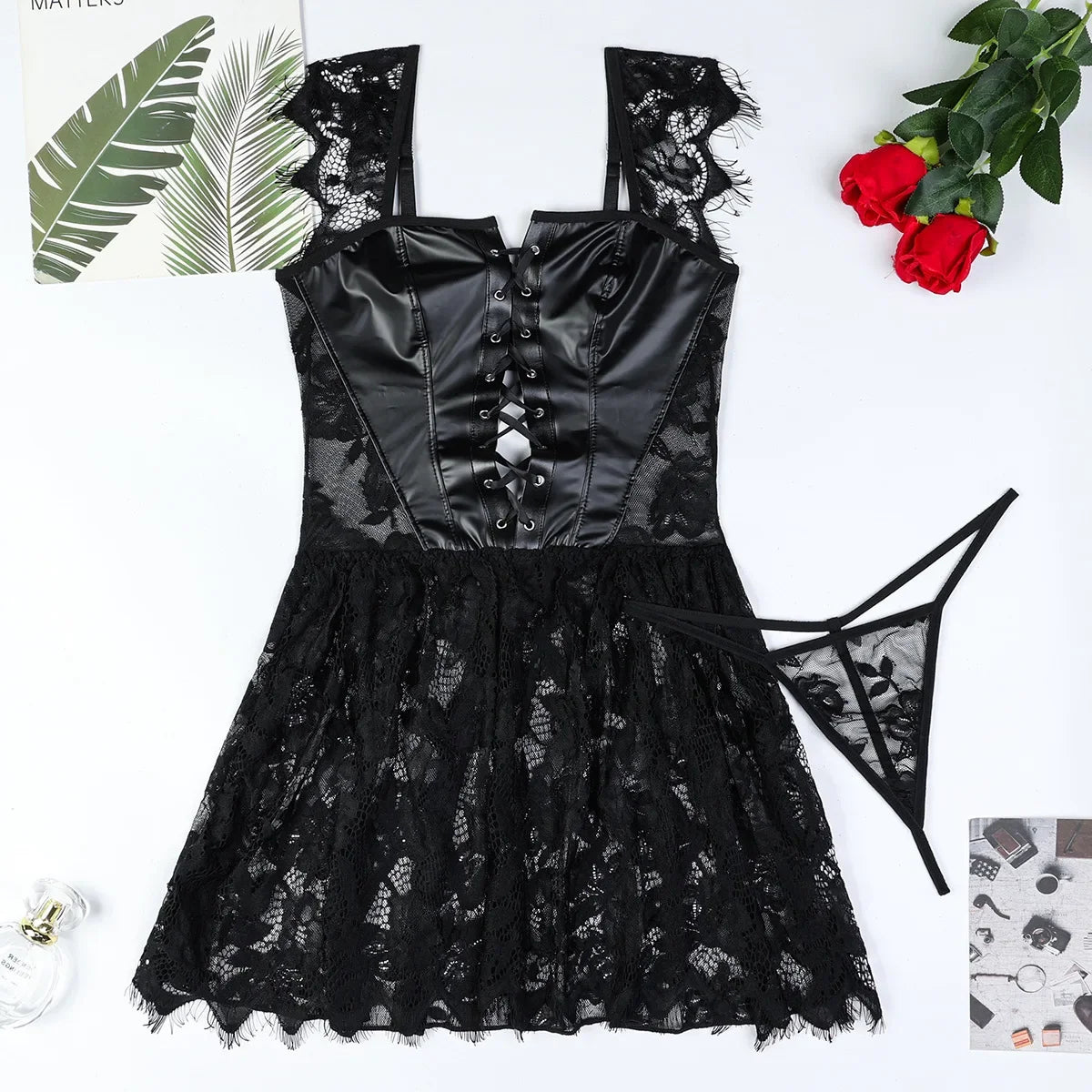 Conjunto exótico de PU sexy para mujer, vestido de encaje transparente, lencería elegante con abertura, body exótico para fiesta y club.