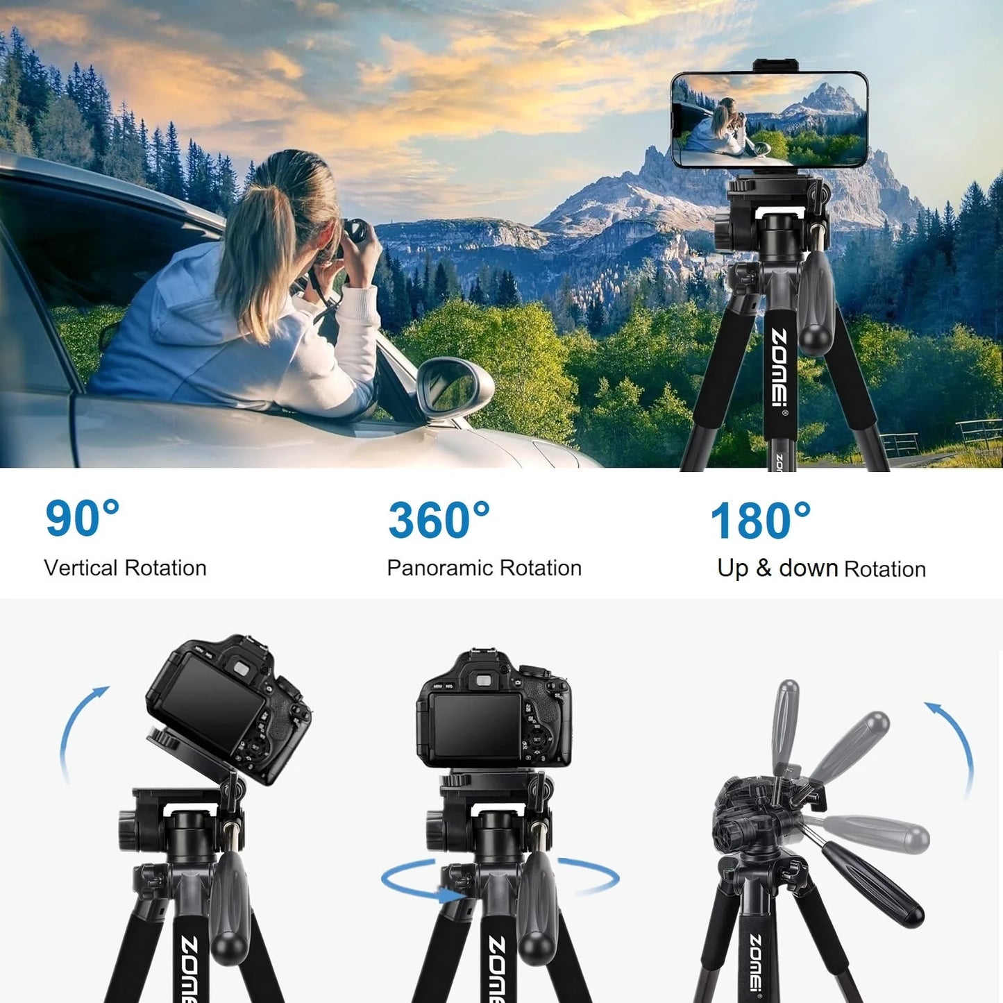 Trípode profesional compacto de aluminio de 188 cm/73,6 pulgadas de alto para cámara digital, Canon, DSLR, teléfono inteligente, trípode fotográfico
