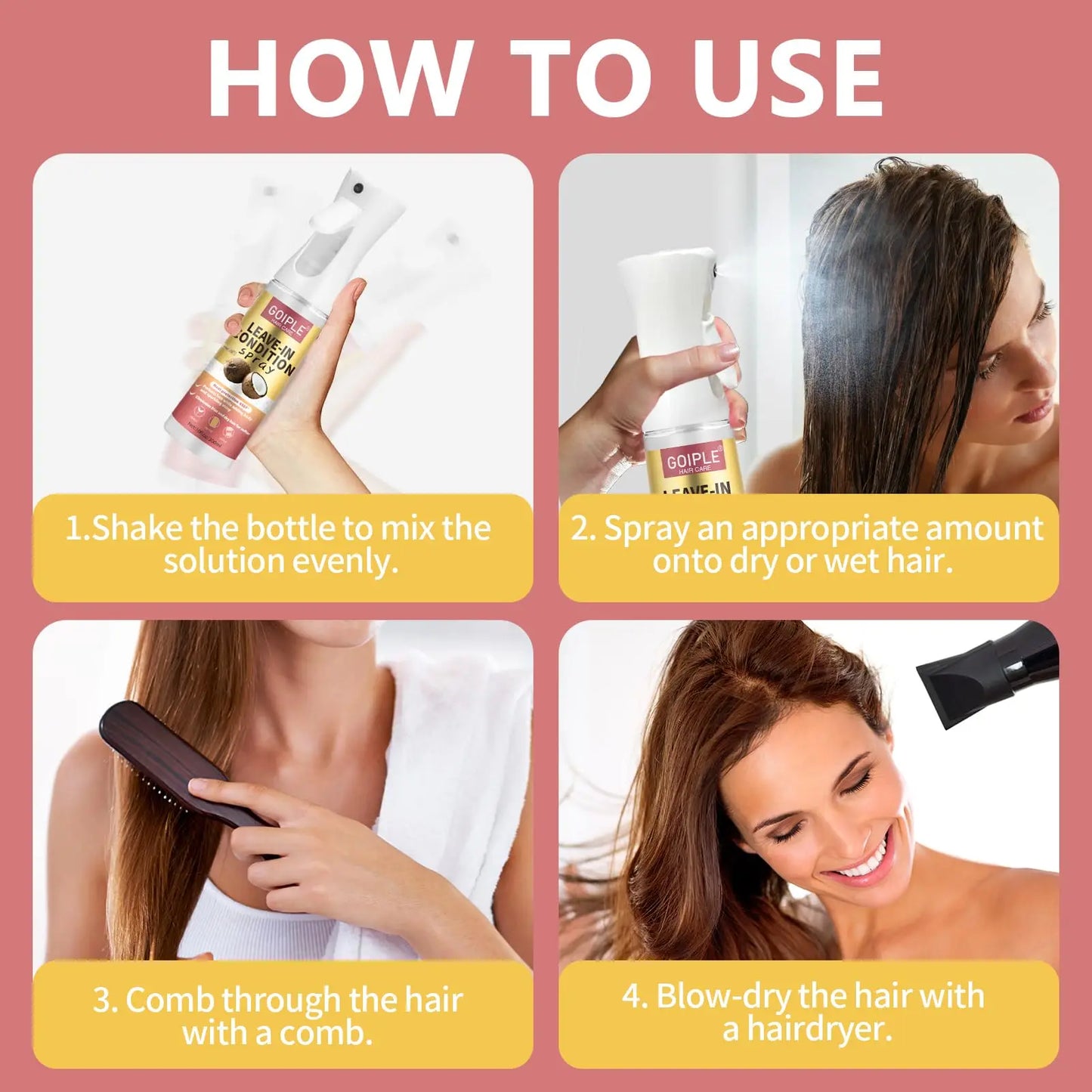 Acondicionador en spray sin enjuague de coco de 300 ml para cabello rizado, alisador, antiencrespamiento, suavizante, protector para cabello dañado por el calor.
