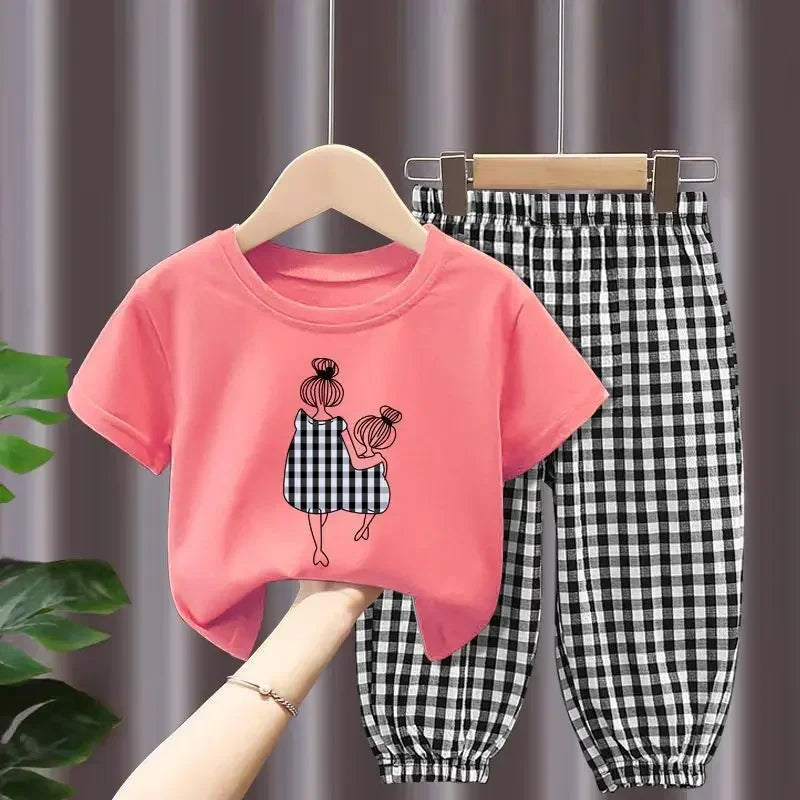 Conjuntos de ropa infantil para madre e hija: camiseta de manga corta estampada y pantalón a cuadros, ropa para niñas de 2 a 8 años