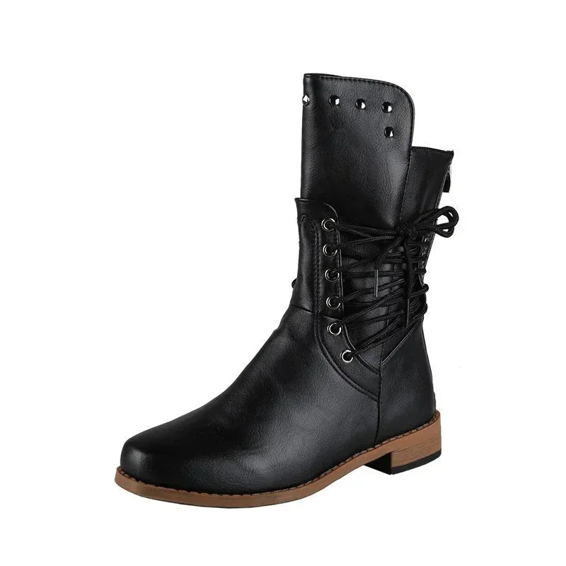 Botas de media caña con remaches para mujer, botines de caballero a la moda, estilo británico, para otoño e invierno, con cordones cruzados, de PU