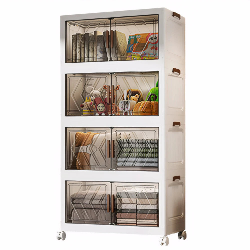 Contenedores de almacenamiento apilables de 4 niveles con puertas y ruedas, cajón organizador plegable para sala de estar, dormitorio y oficina.