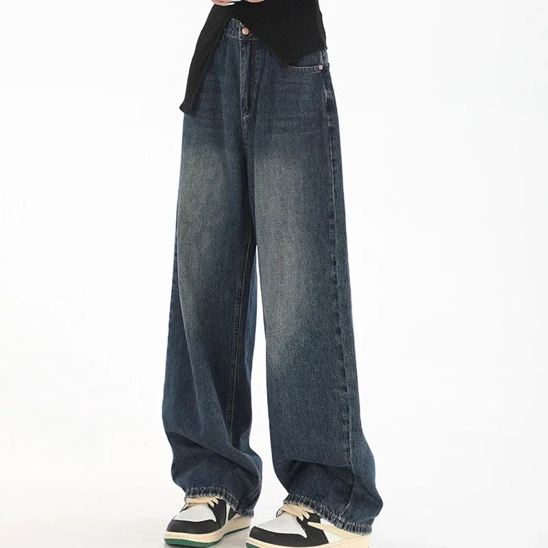 Pantalones vaqueros de cintura alta para mujer, ajustados, de pierna ancha, estilo urbano, estilo Y2k, años 2000, holgados, negros y azules