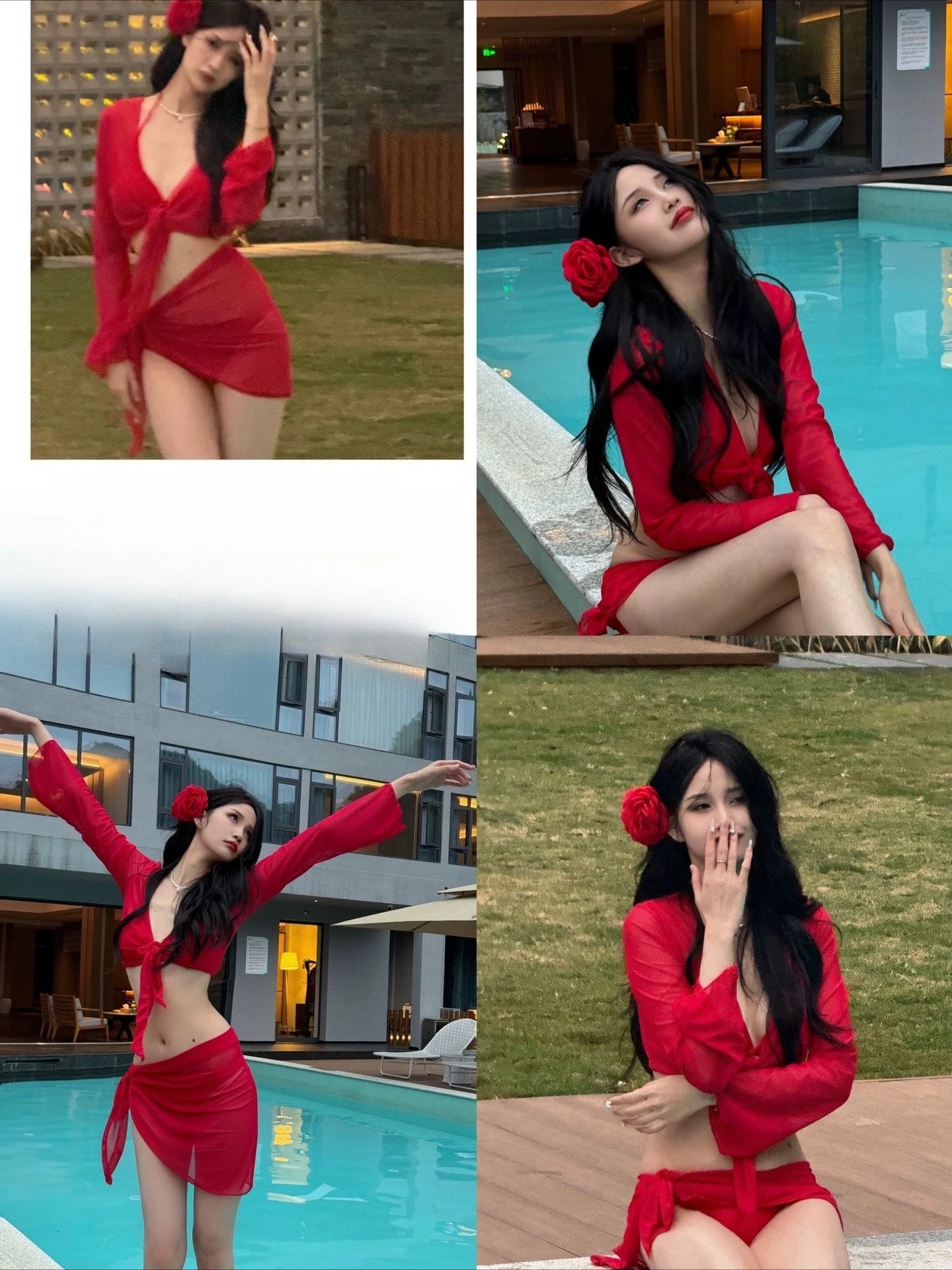 Women's Red Bali Four-Piece Bikini Set Slimming Cover-Up Swimwear Solid Flattering Two-Piece Vacation Beachwear Swimsuit