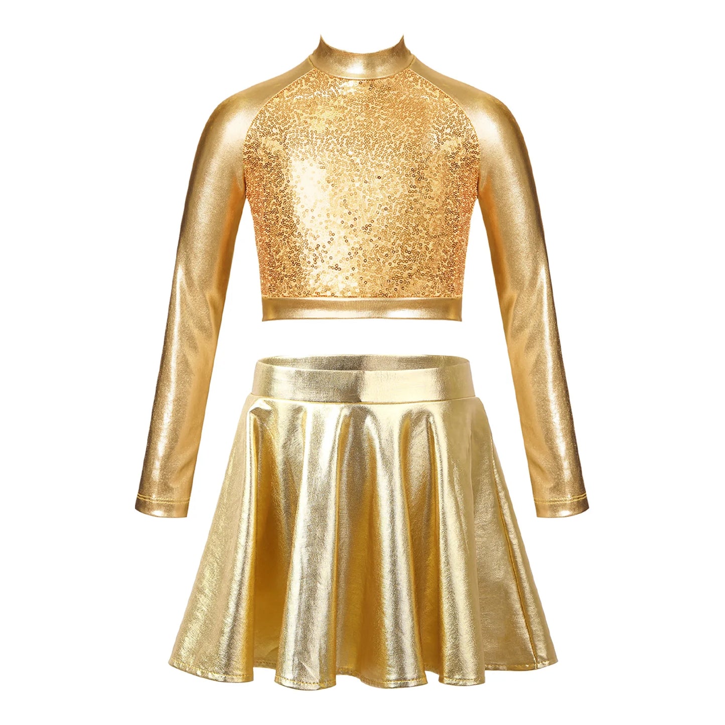 Ropa para niños, blusas sin mangas metálicas para niñas, minifalda plisada acampanada, conjunto de 2 piezas para niños, ropa de baile