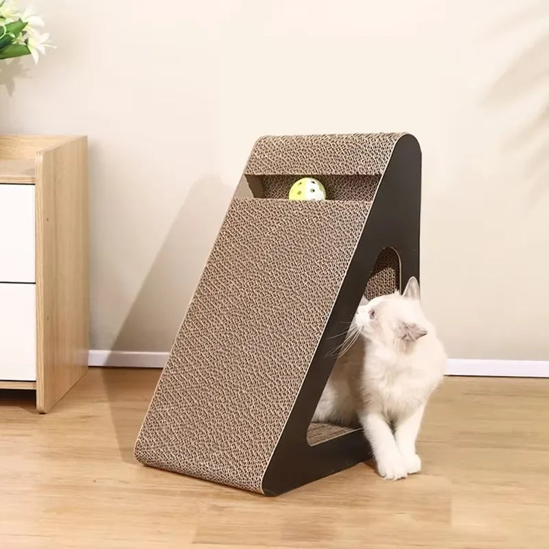 Rascador para gatos 2 en 1 de cartón con bola giratoria, resistente al desgaste, con forma de triángulo, estructura vertical para escalar.