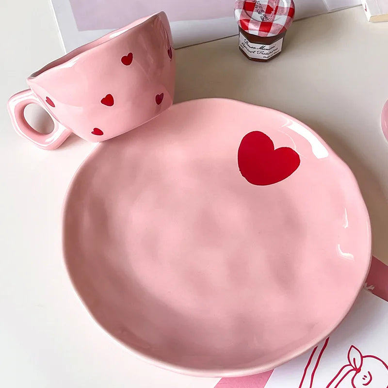 Ensaladera con diseño de corazón rosa, plato de cerámica, taza de café, tazón de postre para niños, platos de cena bonitos para el hogar, vajilla de restaurante