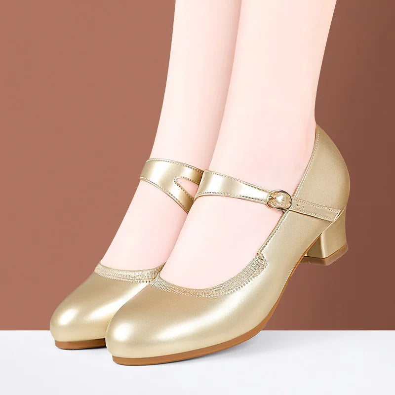 Zapatos Mary Jane de plataforma de piel suave, cómodos y poco profundos, de 3,5 cm y 5,5 cm, para primavera de 2025, con tacón de bloque mediano, para oficina y mamá.