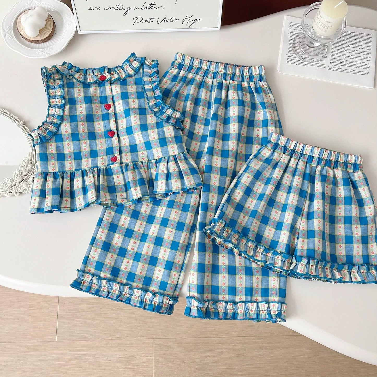 Conjuntos de ropa para niños: Top sin mangas con estampado a cuadros, pantalones anchos y pantalones cortos, conjunto de 3 piezas, ropa para niñas de 2 a 8 años.
