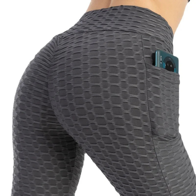 Leggings de cintura alta con efecto push-up de Amazon Europa, material de nylon, estampado jacquard, pantalones deportivos con bolsillo para mujer.