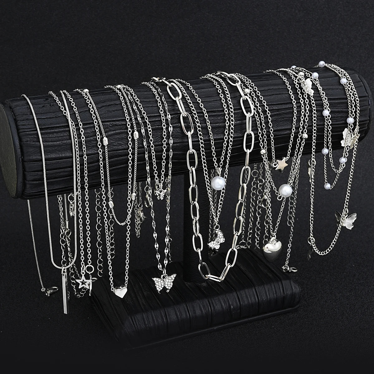 Juego de 13 collares sencillos con temperamento, mariposa, perla, corazón, estrella, circonita, color plateado, para mujer, joyería de moda, regalo