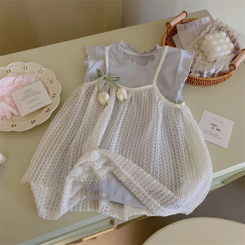 Ropa para niños 2025, conjunto de ropa azul + camisola, falda, chaleco de tulipán, falda de punto, versión coreana, conjunto para bebé con estilo