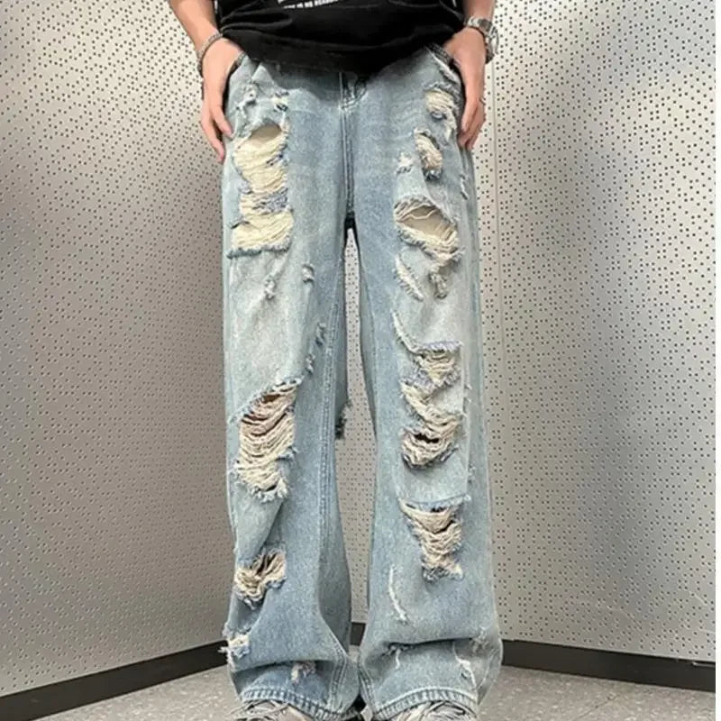 Vaqueros vintage desgastados de pierna recta, estilo americano, acampanados, holgados, de cintura alta, versión fina de verano para hombre.