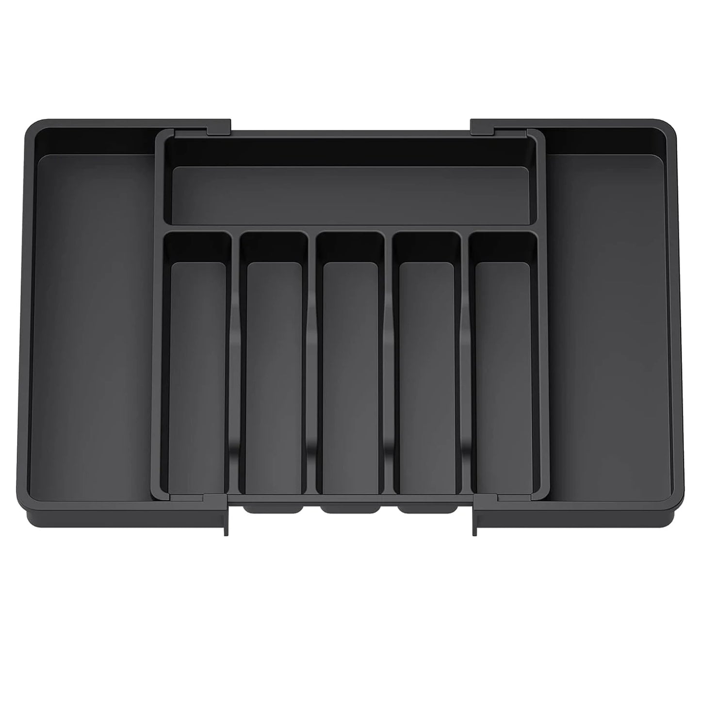 Organizador de cubiertos ajustable con divisores, bandeja de plástico para cucharas, tenedores y cuchillos.