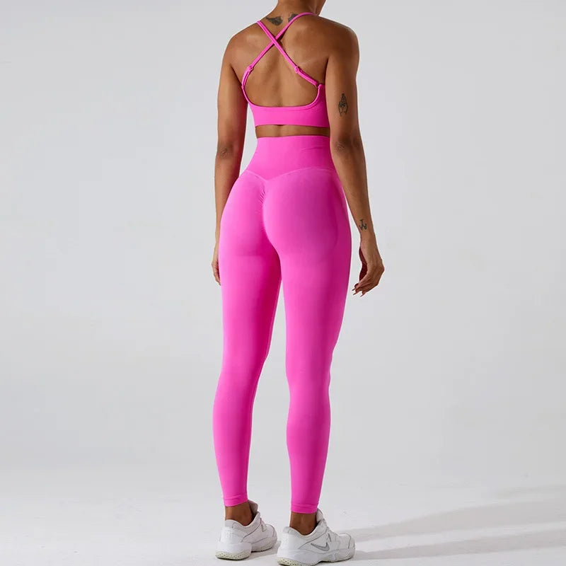 Conjunto de yoga de dos piezas para mujer, sujetador deportivo con espalda cruzada de color liso, top color miel melocotón, leggings de secado rápido para realce de cadera, traje deportivo de fitness