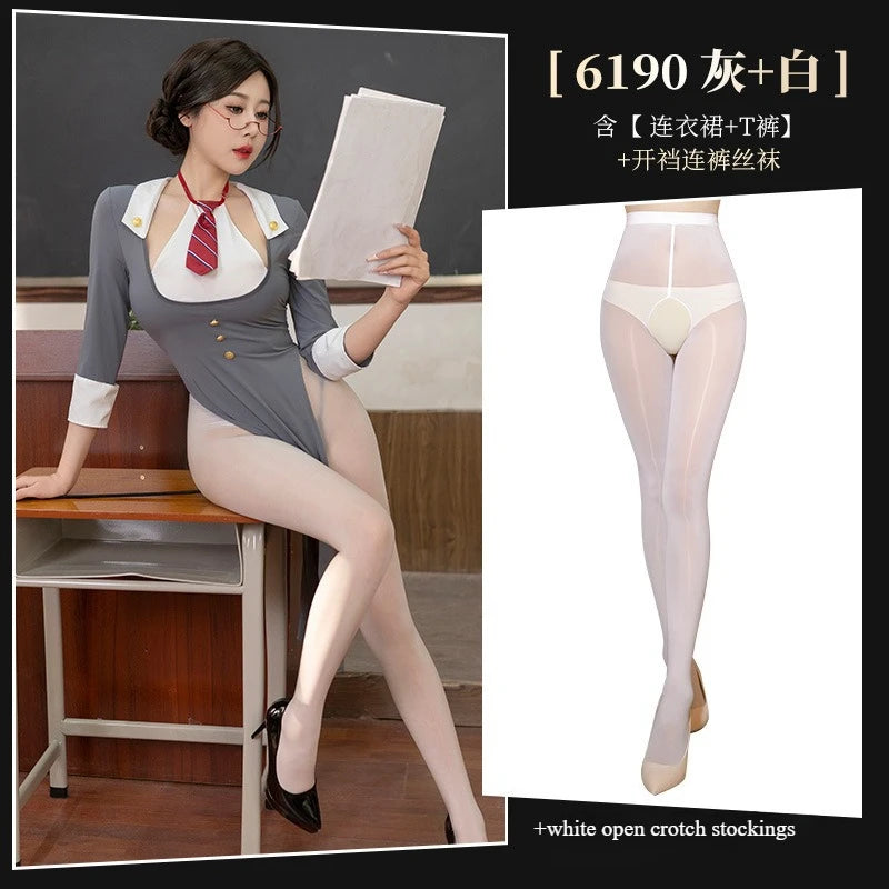 Porno Role Playing Teacher Uniform Temptation Halter Dress Sexy Lingerie Temptation High Waist Side Slit Cosplay Costumes 2025