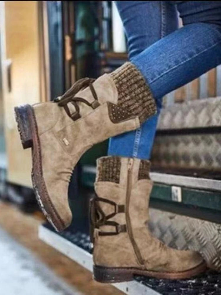 Botas de invierno a media pantorrilla para mujer, zapatos de invierno, botas de nieve a la moda para mujer, botas altas de gamuza cálidas 2025