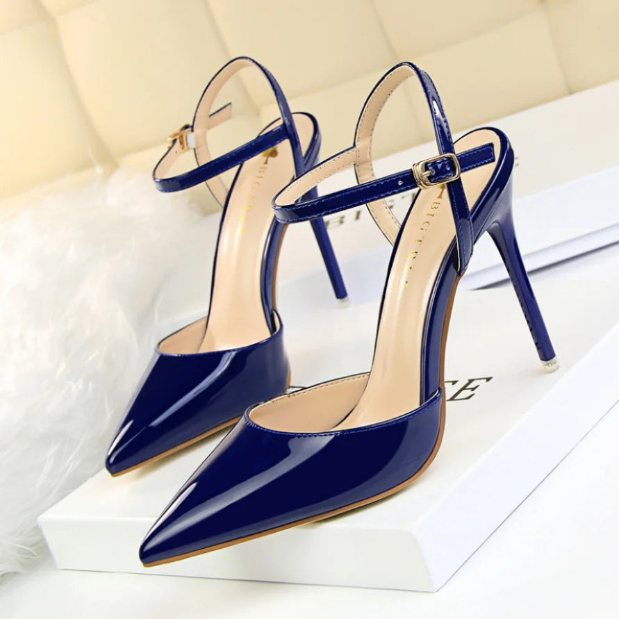 Zapatos de tacón ultraalto, sencillos, delgados, de piel pintada, sexis, para discoteca, con tiras de una palabra, para mujer, 86-1