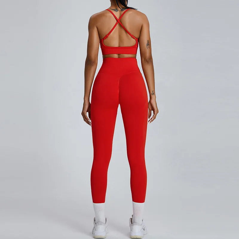 Conjunto de yoga de dos piezas para mujer, sujetador deportivo con espalda cruzada de color liso, top color miel melocotón, leggings de secado rápido para realce de cadera, traje deportivo de fitness