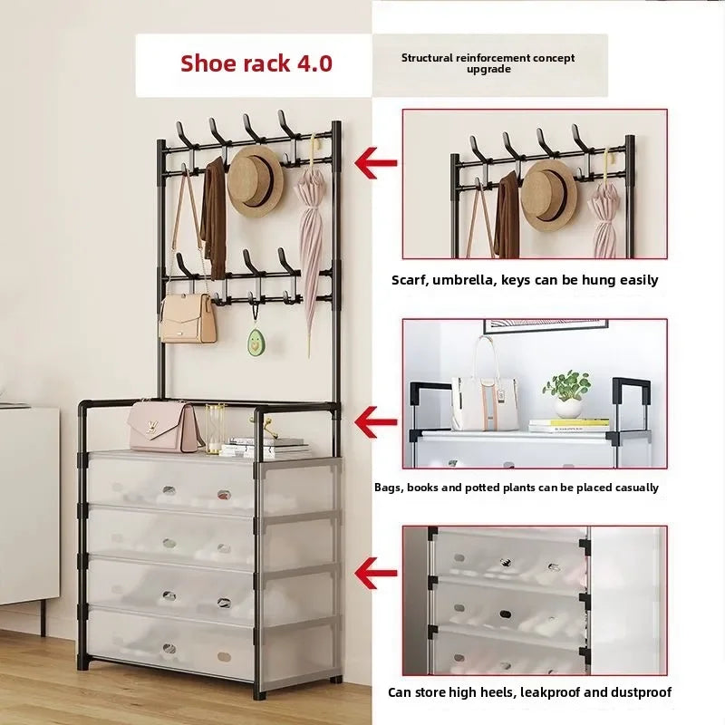 【Mejora el grosor】Perchero multifuncional integrado para zapatos y sombreros, perchero para ropa y sombreros, perchero multicapa resistente al polvo, color crema