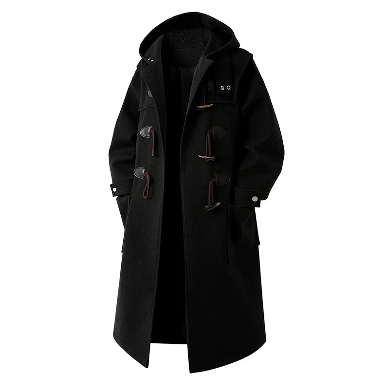 Autumn Men Thick Hooded Trench Coat Men Korean Wool Blends Overcoat Men Casual Horn Button Woollen Coat Black Warm Loose Coat