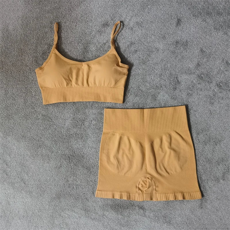 Conjunto de yoga fitness sin costuras para mujer, ropa deportiva de cintura alta, leggings, pantalones cortos de dos piezas, ropa de gimnasio para mujer