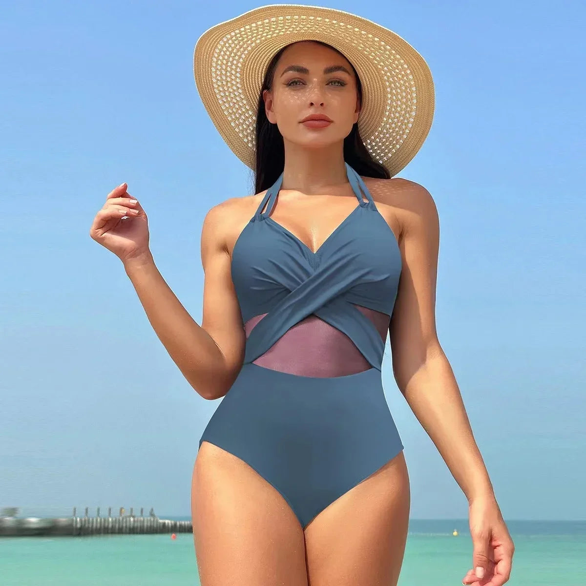 2024 Women One Pieces Solid Swimsuits Sexy Swimwear Bathing Suits Rib Mesh V-neck Swimsuit Bathing Suit Beach Pool Bather