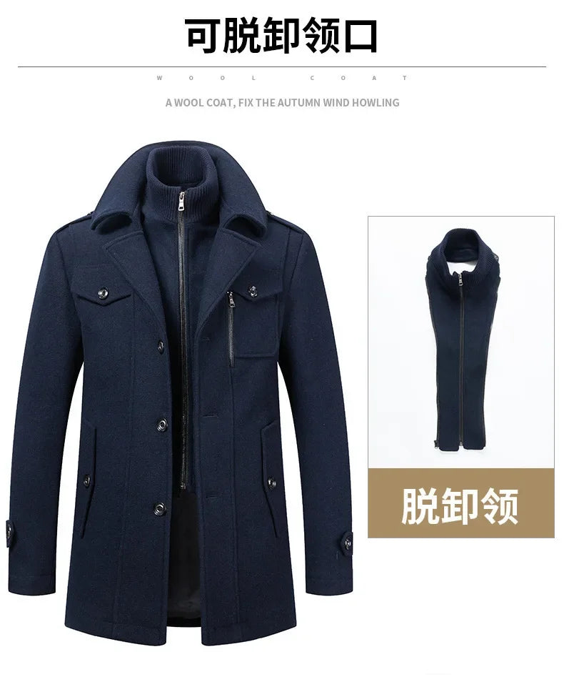Thickening Warm Wool Coat High Quality Design Wool Coats Men's Wool Blend Winter Double Collar Wool Blend Men Solid Color