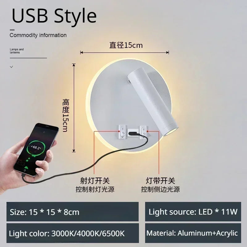 Lámpara de pared LED, luz de lectura, dormitorio, teléfono, carga inalámbrica, carga USB, luces de pared giratorias, lámpara de lado para sala de estar