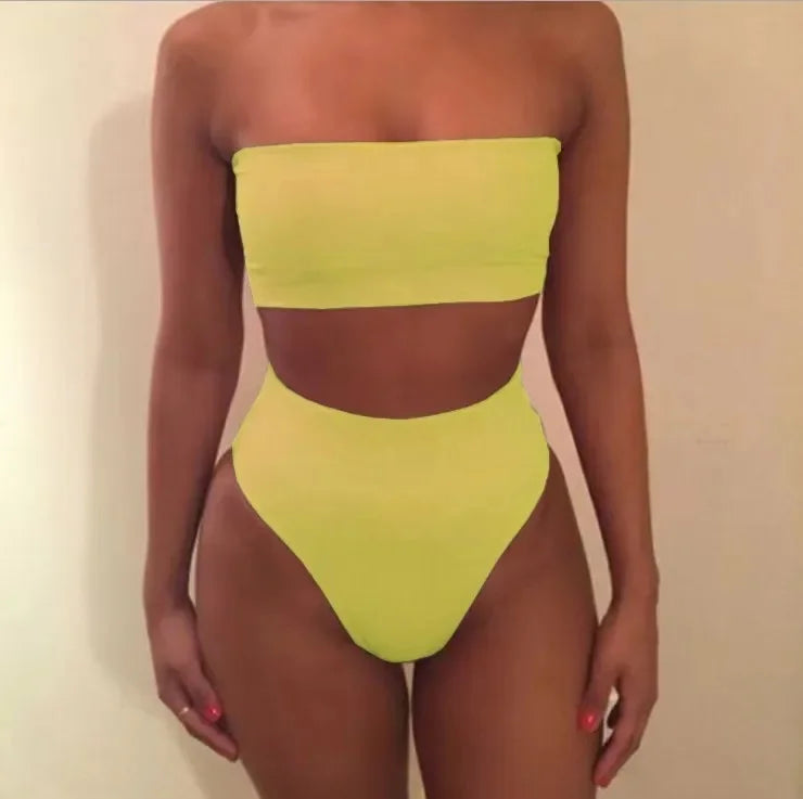 Traje de baño de dos piezas con bandeau de color liso sexy, conjunto de bikini de moda para primavera y verano, traje de baño separado con parte superior e inferior a la moda.