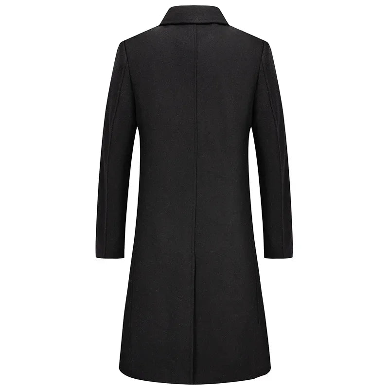 Black Men Wool Long Trench Coat Stylish Single Breasted Quilted Lined Wool Blend Pea Coats Men Winter Cashmere Coat Windbreaker