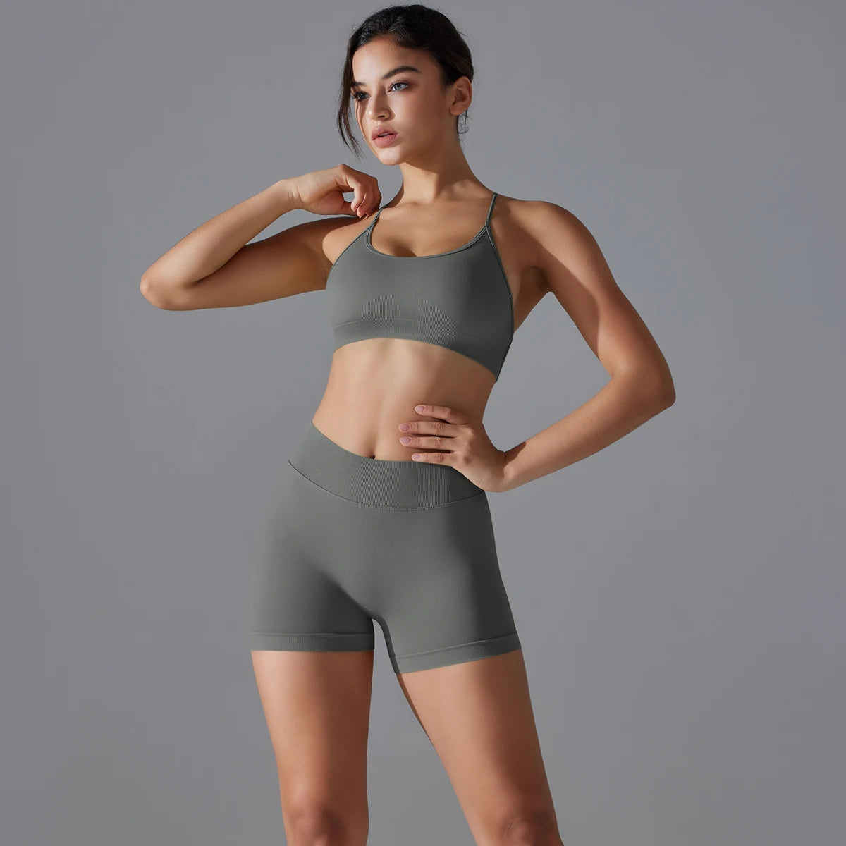 Conjunto deportivo de yoga, mallas de gimnasio de secado rápido, tirantes cruzados con absorción de impactos, pantalones cortos de ciclismo para mujer, entrenamiento de yoga.