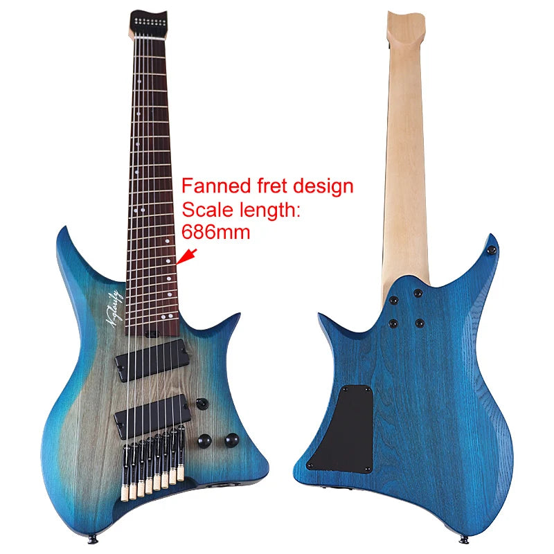 Guitarra eléctrica sin pala de 8 cuerdas con trastes en abanico, cuerpo de fresno macizo de 30 pulgadas, mástil de arce