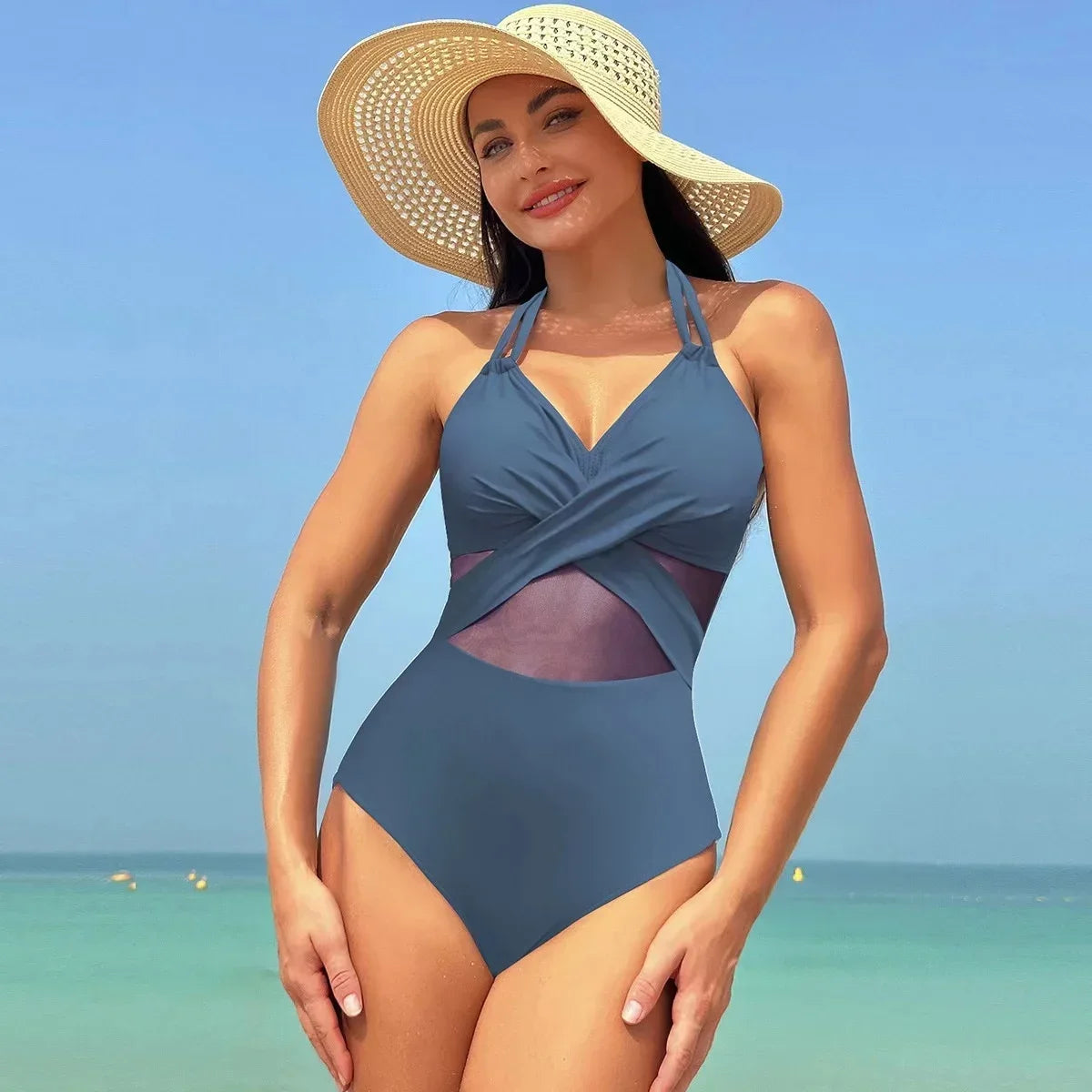 2024 Women One Pieces Solid Swimsuits Sexy Swimwear Bathing Suits Rib Mesh V-neck Swimsuit Bathing Suit Beach Pool Bather