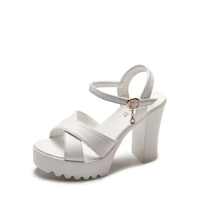 Sandalias de mujer de estilo coreano de moda, nuevas de verano, con tacón alto, hebilla, tacón grueso, punta abierta, correa, zapatos casuales y cómodos.
