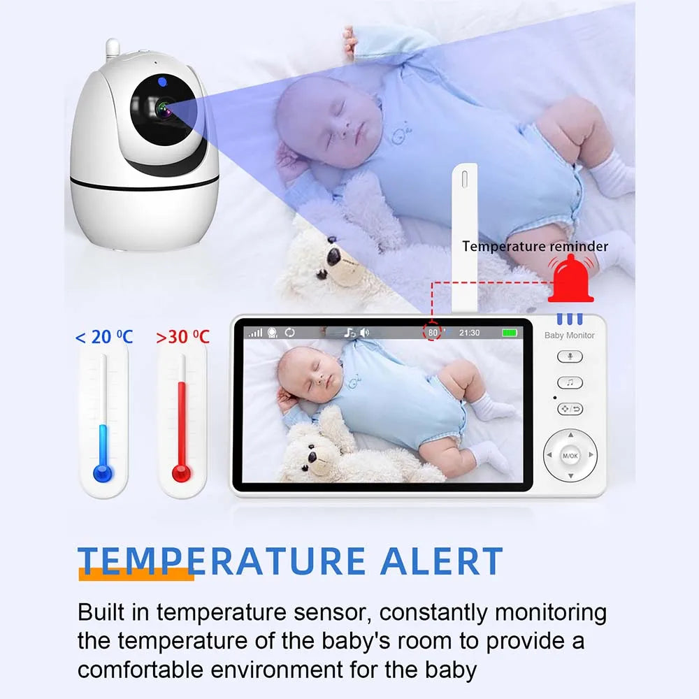 Monitor de bebé con video de 5 pulgadas y cámara PTZ con zoom, cámara de vigilancia con sensor de temperatura y canción de cuna.