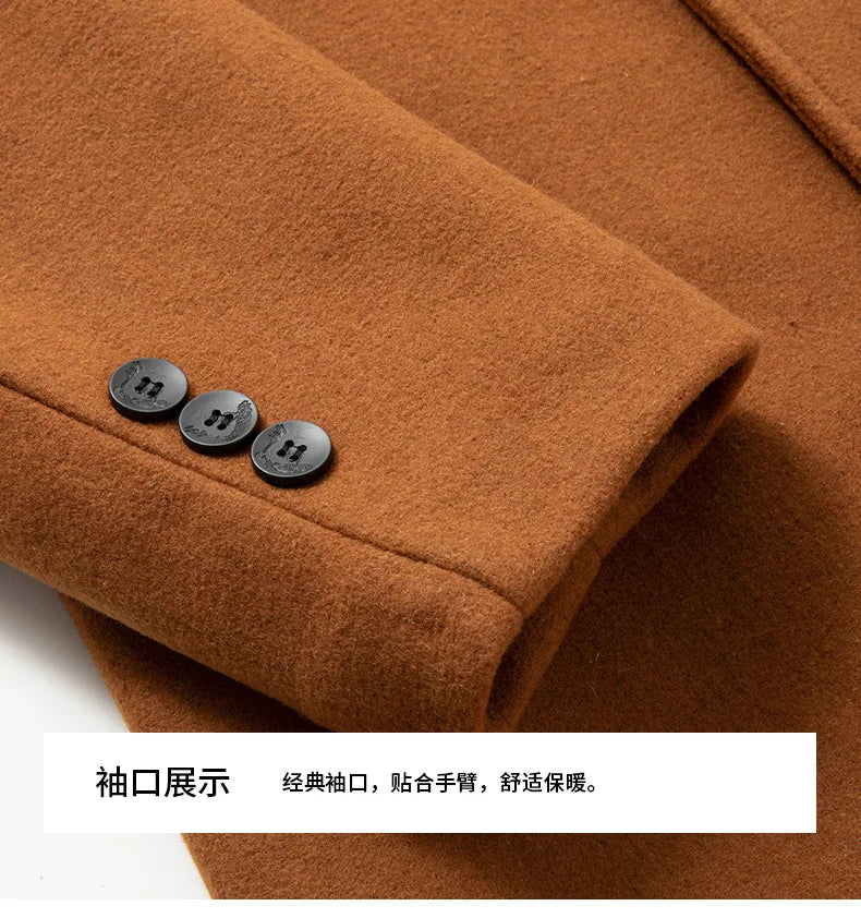 Autumn Winter Men's Wool Trench Coat Fashion Hooded Warm Long Woollen Coats Business Casual Turn Down Collar Woolen Blend Men