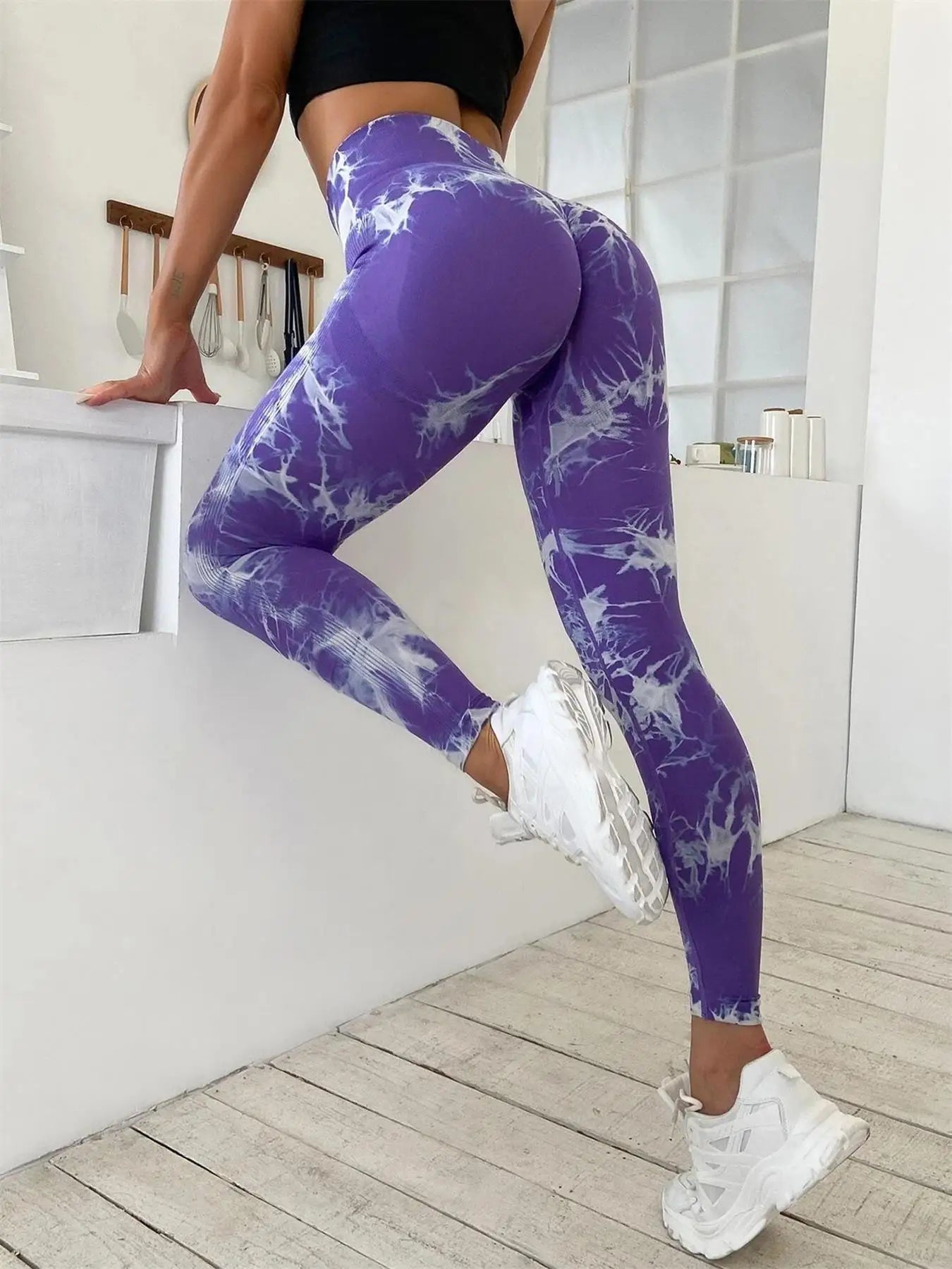 All Seasons Women's Tie Dye Print High Waist Sports Leggings, Breathable Wide Waistband Seamless Skinny Pants for Gym Workout