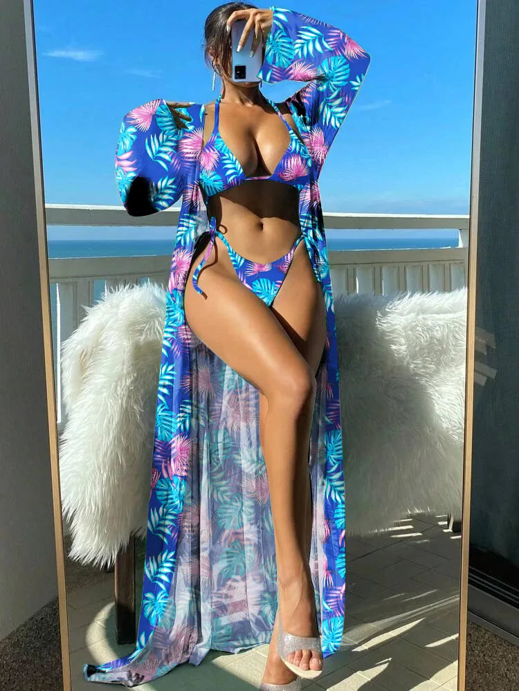 Bikini de tres piezas con tiras triangulares 2025 para mujer, traje de baño tipo kimono, ropa de baño sexy para mujer, traje de baño para playa