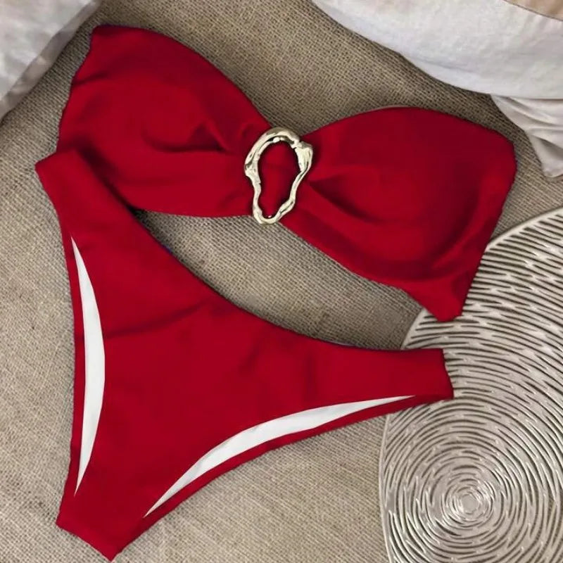 Conjuntos de bikini sin tirantes para mujer, traje de baño de dos piezas con efecto push up, bañadores sexys de color liso, ropa de playa sin espalda para mujer
