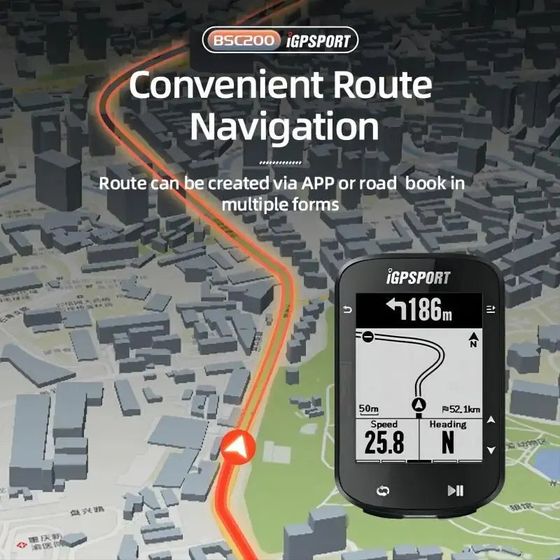 Ciclocomputador GPS IGPSPORT BSC200 con odómetro y velocímetro inalámbrico, navegación de ruta, ANT+, Bluetooth 5.0 y accesorios.