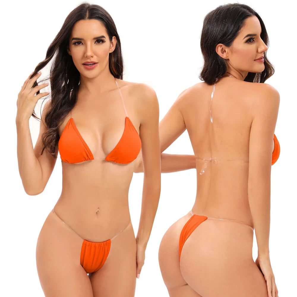 Traje de baño para mujer, bikini sexy transparente con tirantes triangulares, tanga de dos piezas, color sólido, ropa de playa, traje de baño para spa