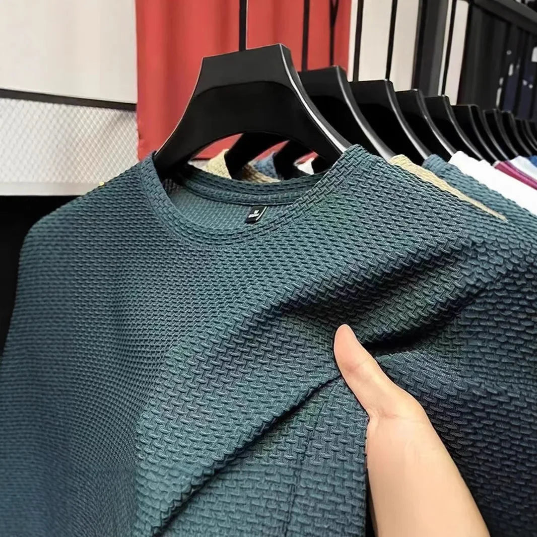 Camiseta de seda de hielo para hombre, manga corta, ligera, transpirable, cómoda, fresca, informal, moderna, de verano, elástica, ajustada.